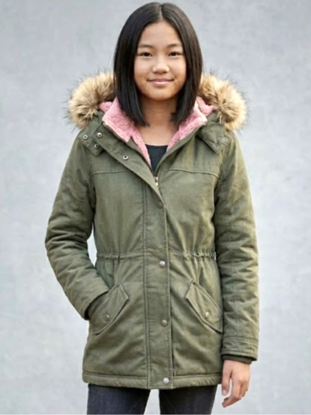 abercrombie kids Olive Green Puffer Jacket with Pink Faux-Fur Lining